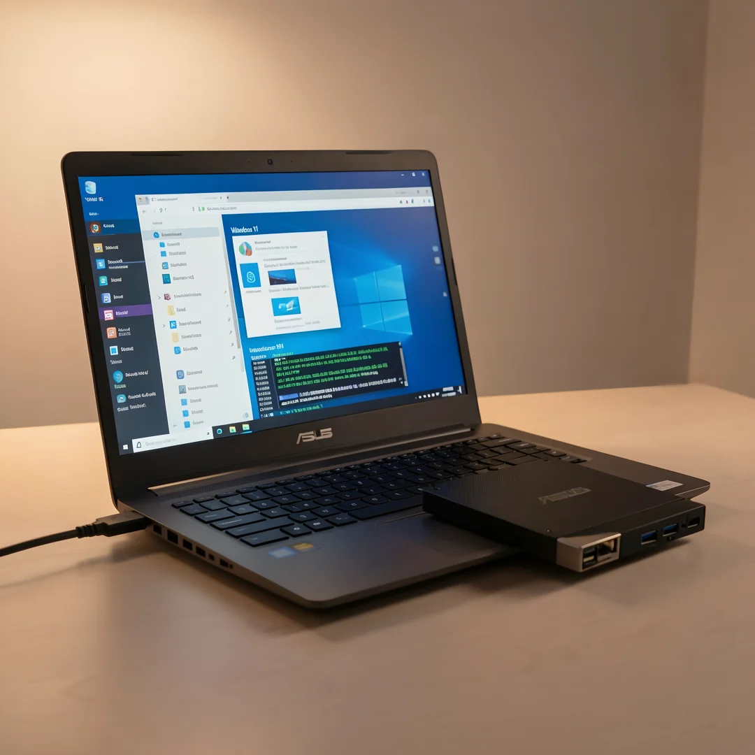 Step 2: External hard drive connected to ASUS laptop backing up files before Windows 11 installation