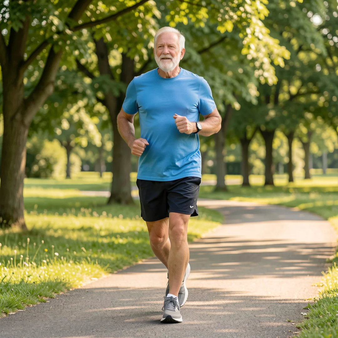Step 2: Men over 60 man exercising outdoors jogging for cardiovascular health routine