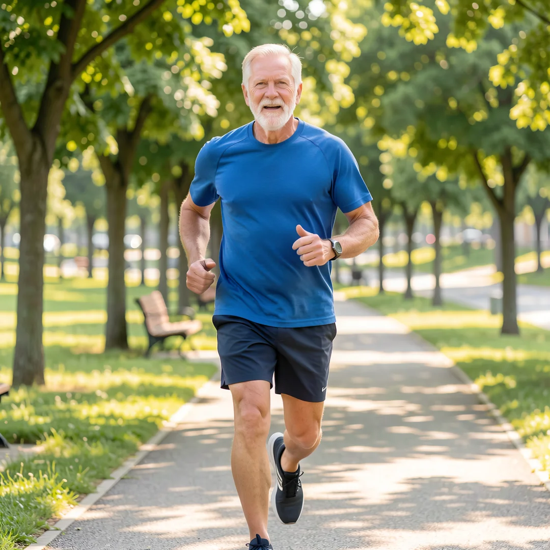 Step 2: Men over 60 man exercising outdoors jogging for cardiovascular health routine