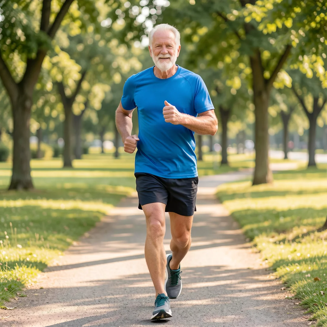 Step 2: Men over 60 man exercising outdoors jogging for cardiovascular health routine