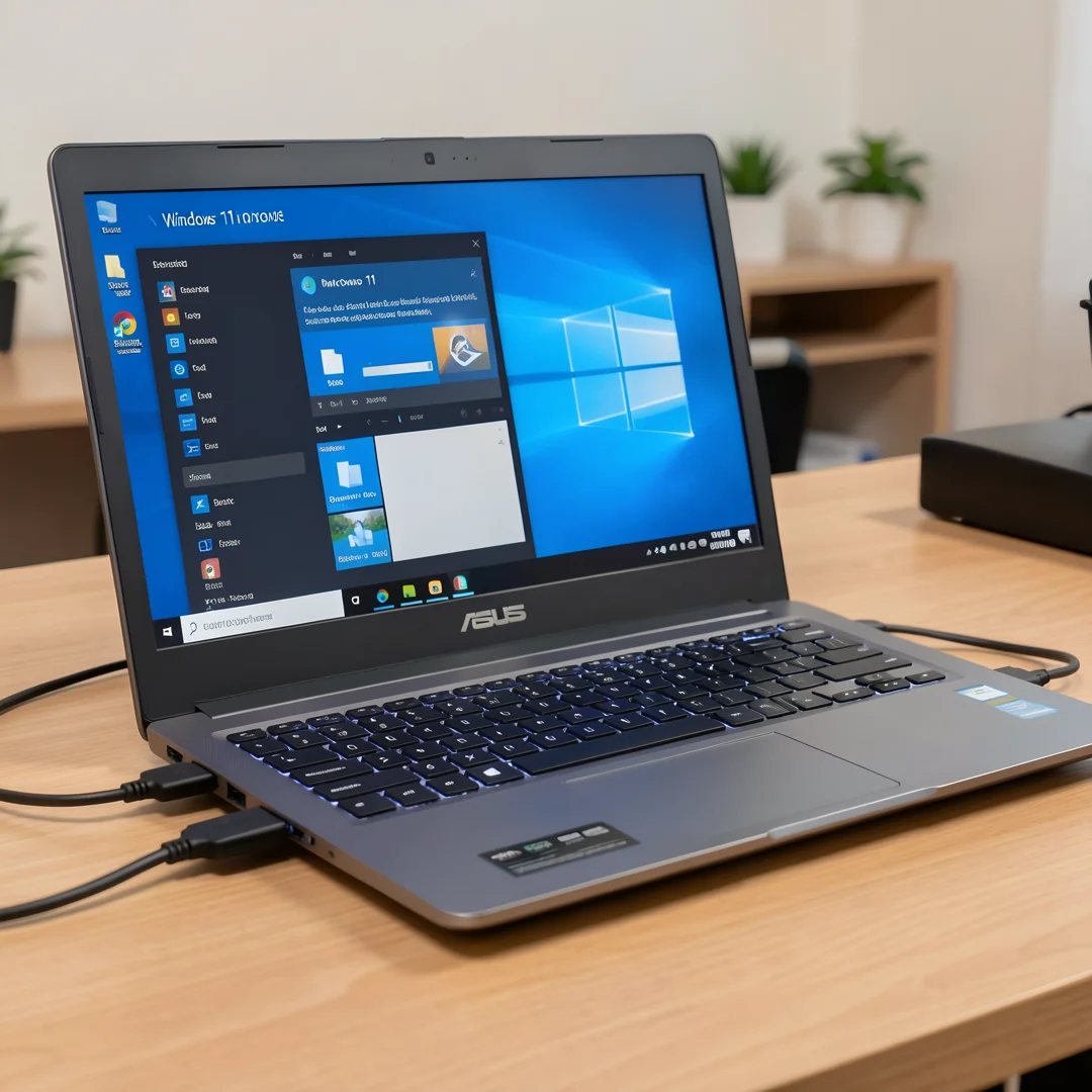 Step 2: External hard drive connected to ASUS laptop backing up files before Windows 11 installation