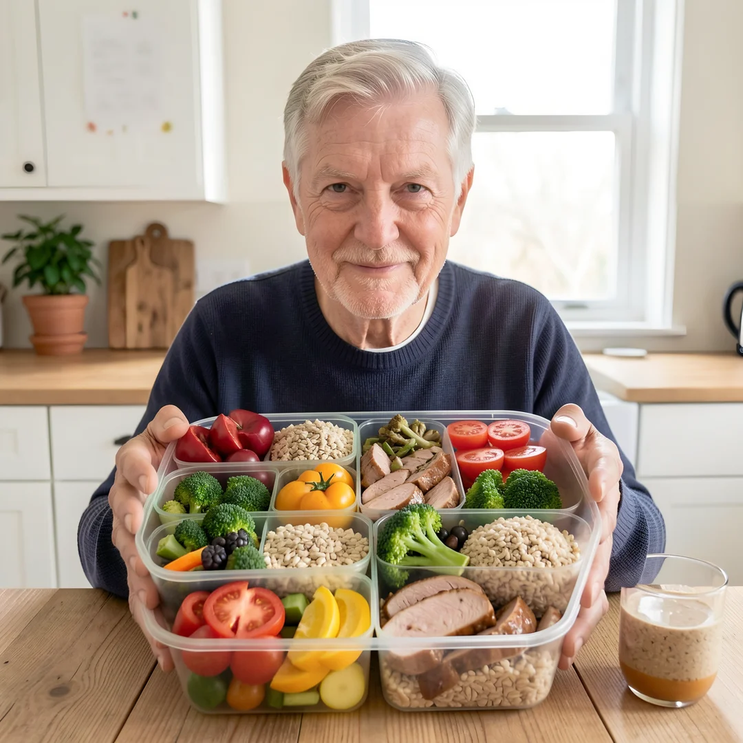 Step 3: Healthy balanced meal prep with vegetables lean protein and whole grains for men over 60 nutrition