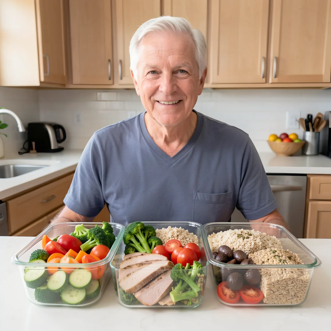 Step 3: Healthy balanced meal prep with vegetables lean protein and whole grains for men over 60 nutrition