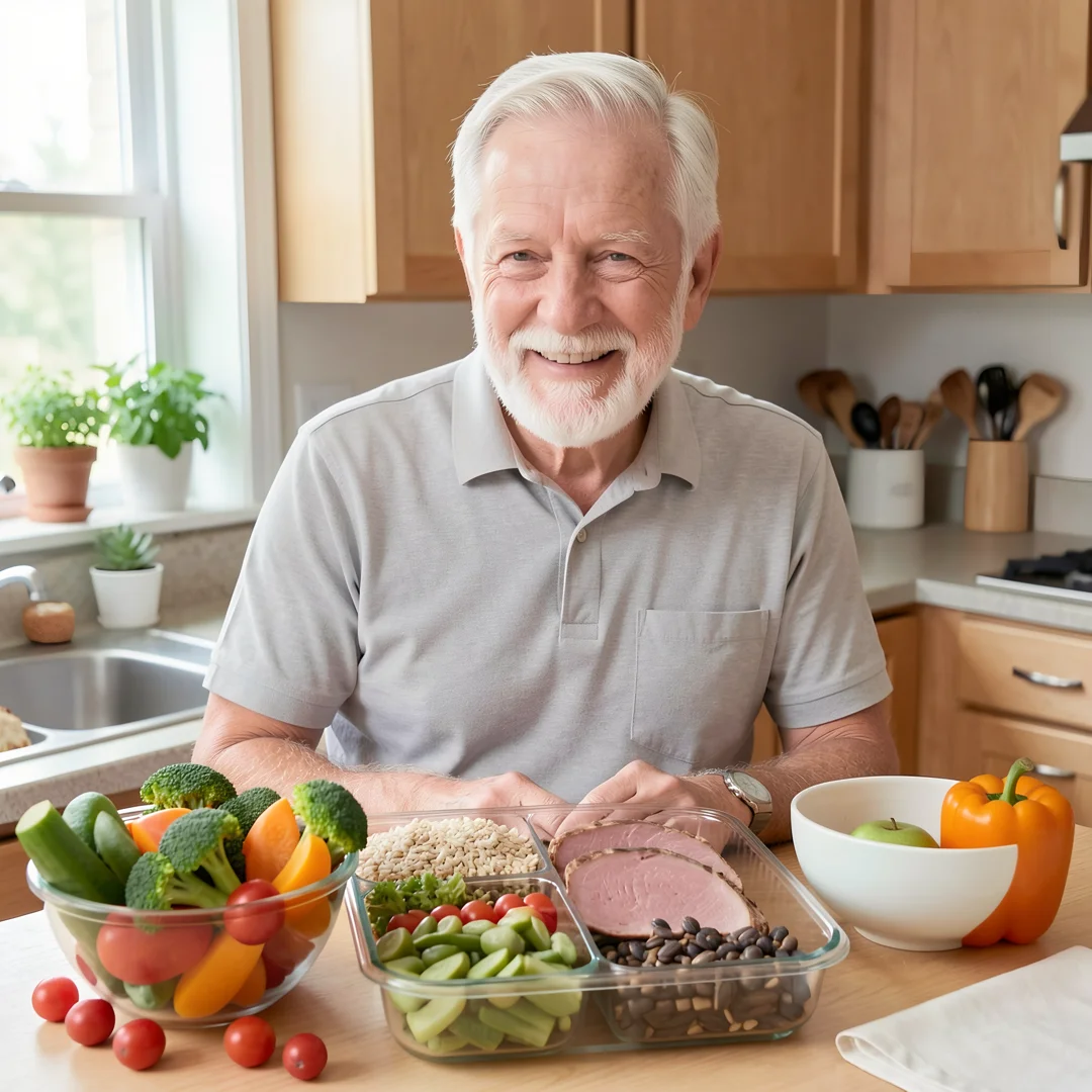 Step 3: Healthy balanced meal prep with vegetables lean protein and whole grains for men over 60 nutrition