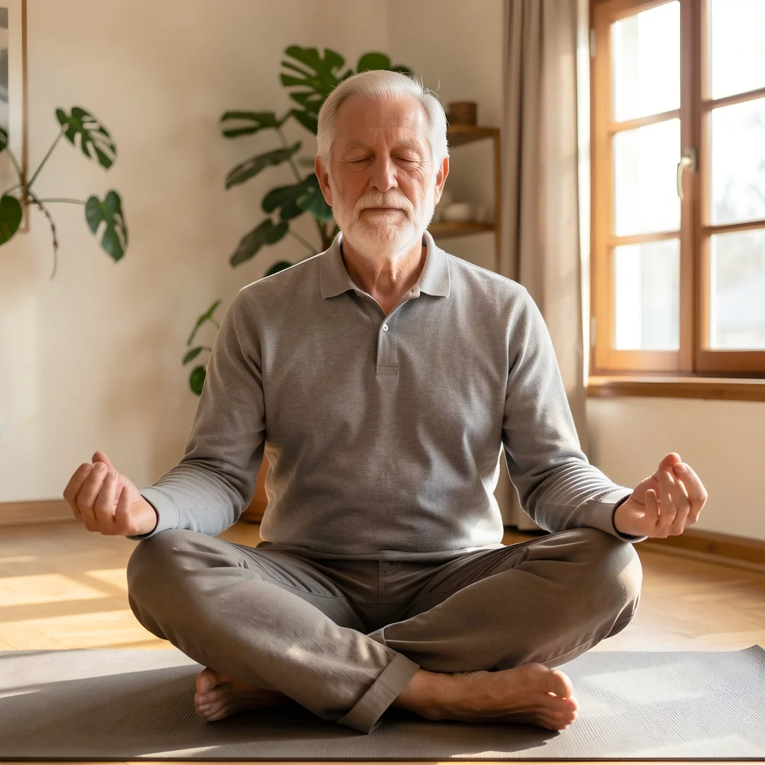 Step 4: Men over 60 man practicing mindfulness meditation for mental health and stress relief