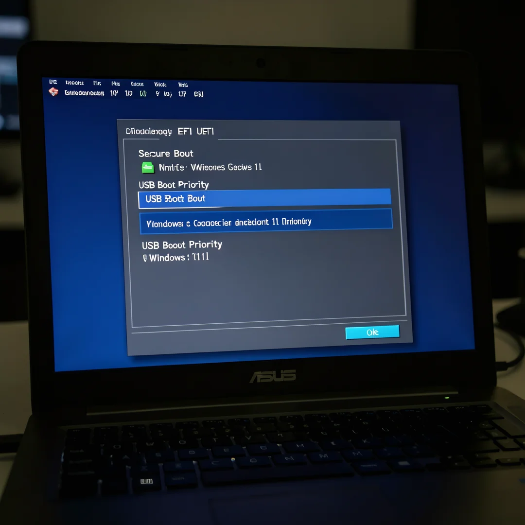 Step 4: ASUS laptop BIOS UEFI settings showing Secure Boot enabled and USB boot priority for Windows 11