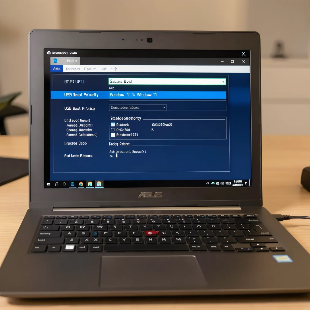 Step 4: ASUS laptop BIOS UEFI settings showing Secure Boot enabled and USB boot priority for Windows 11