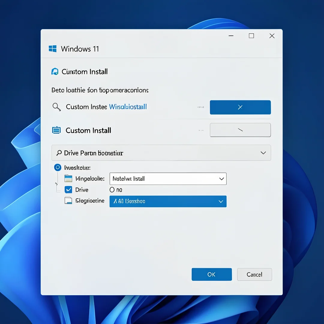 Step 5: Windows 11 installation setup screen showing custom install and drive partition selection