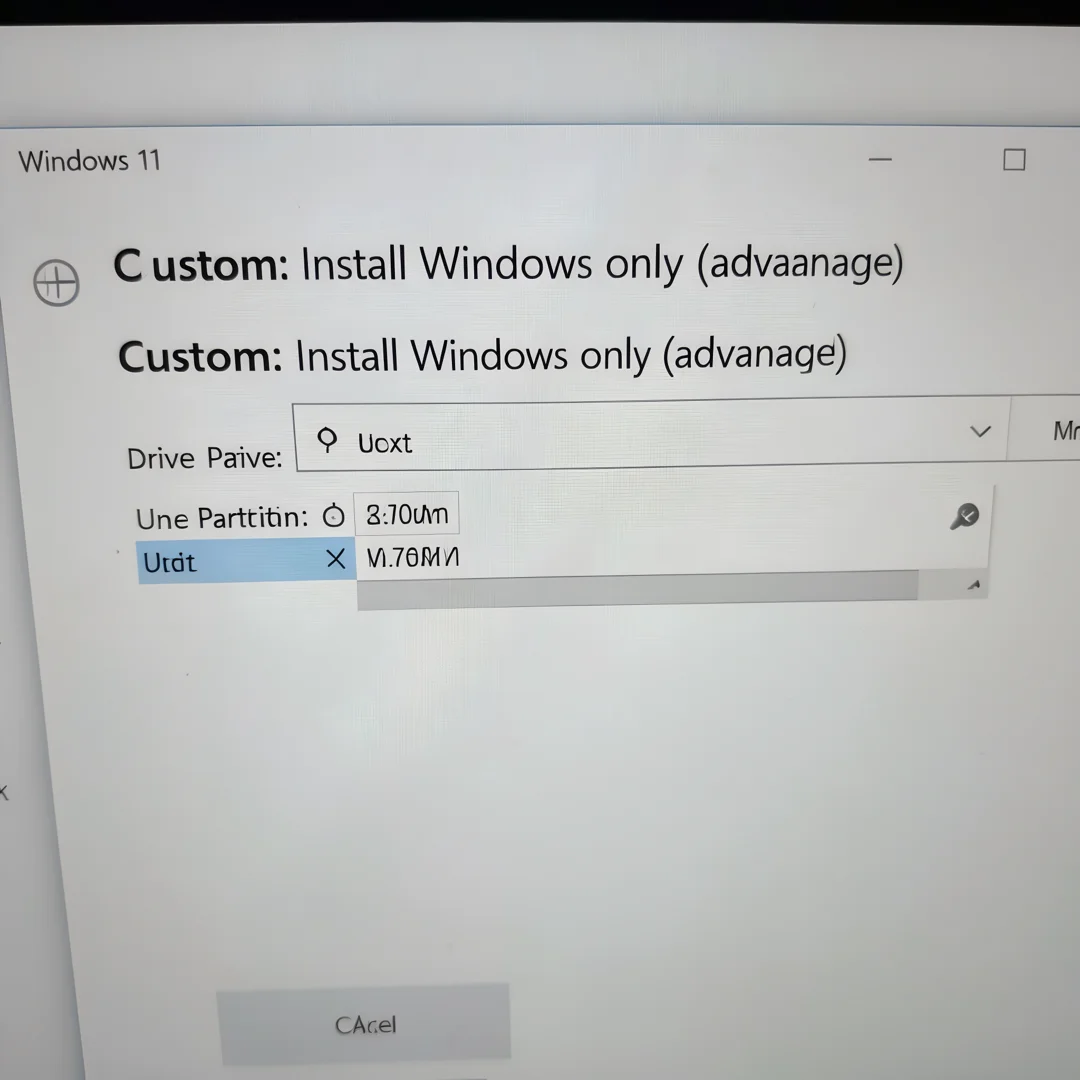Step 5: Windows 11 installation setup screen showing custom install and drive partition selection