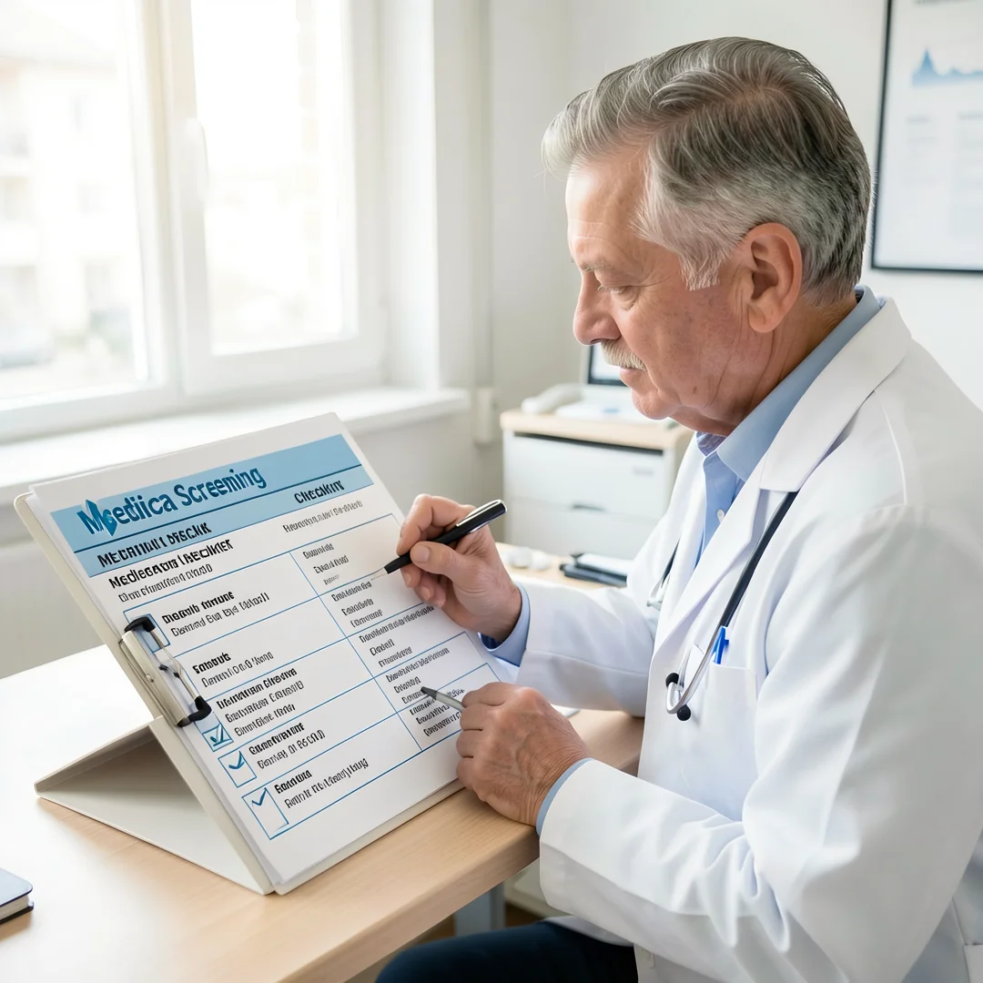 Step 6: Medical screening checklist being reviewed by doctor with men over 60 patient