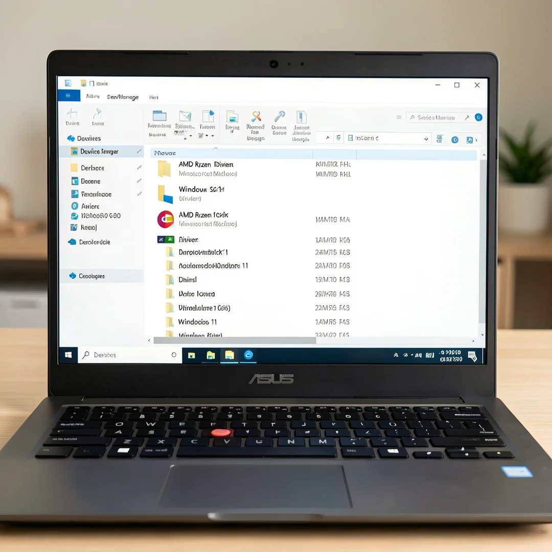 Step 7: ASUS laptop device manager showing AMD Ryzen drivers installed after Windows 11 setup