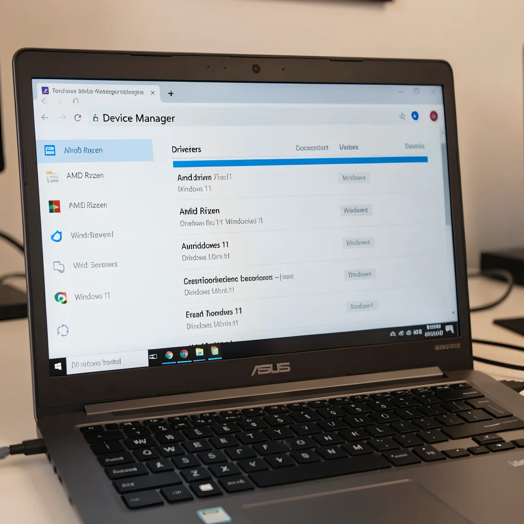Step 7: ASUS laptop device manager showing AMD Ryzen drivers installed after Windows 11 setup
