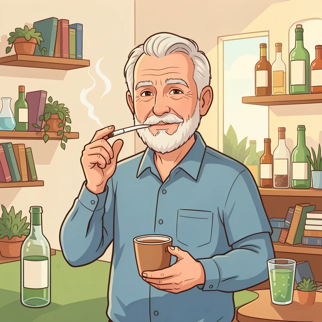 Step 7: Healthy lifestyle choices illustration showing men over 60 avoiding smoking and excessive alcohol