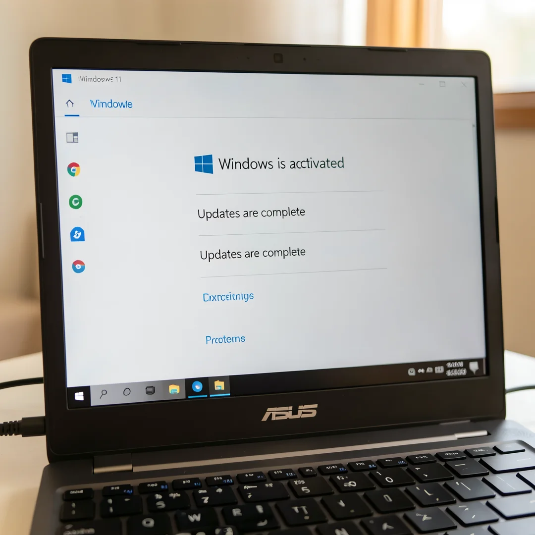 Step 8: Windows 11 settings showing successful activation and updates complete on ASUS Ryzen laptop