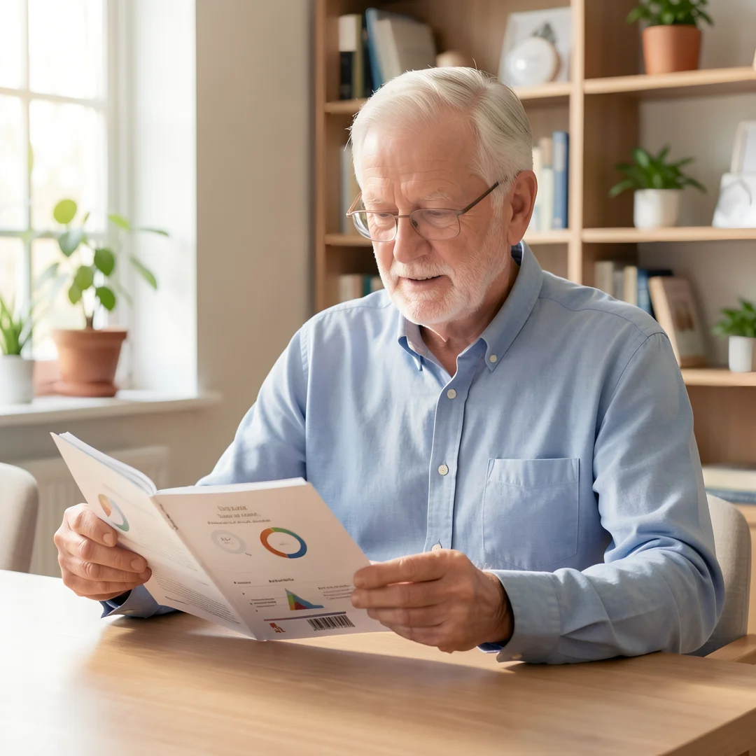 Step 8: Men over 60 man reviewing personal health goals and wellness planner long term