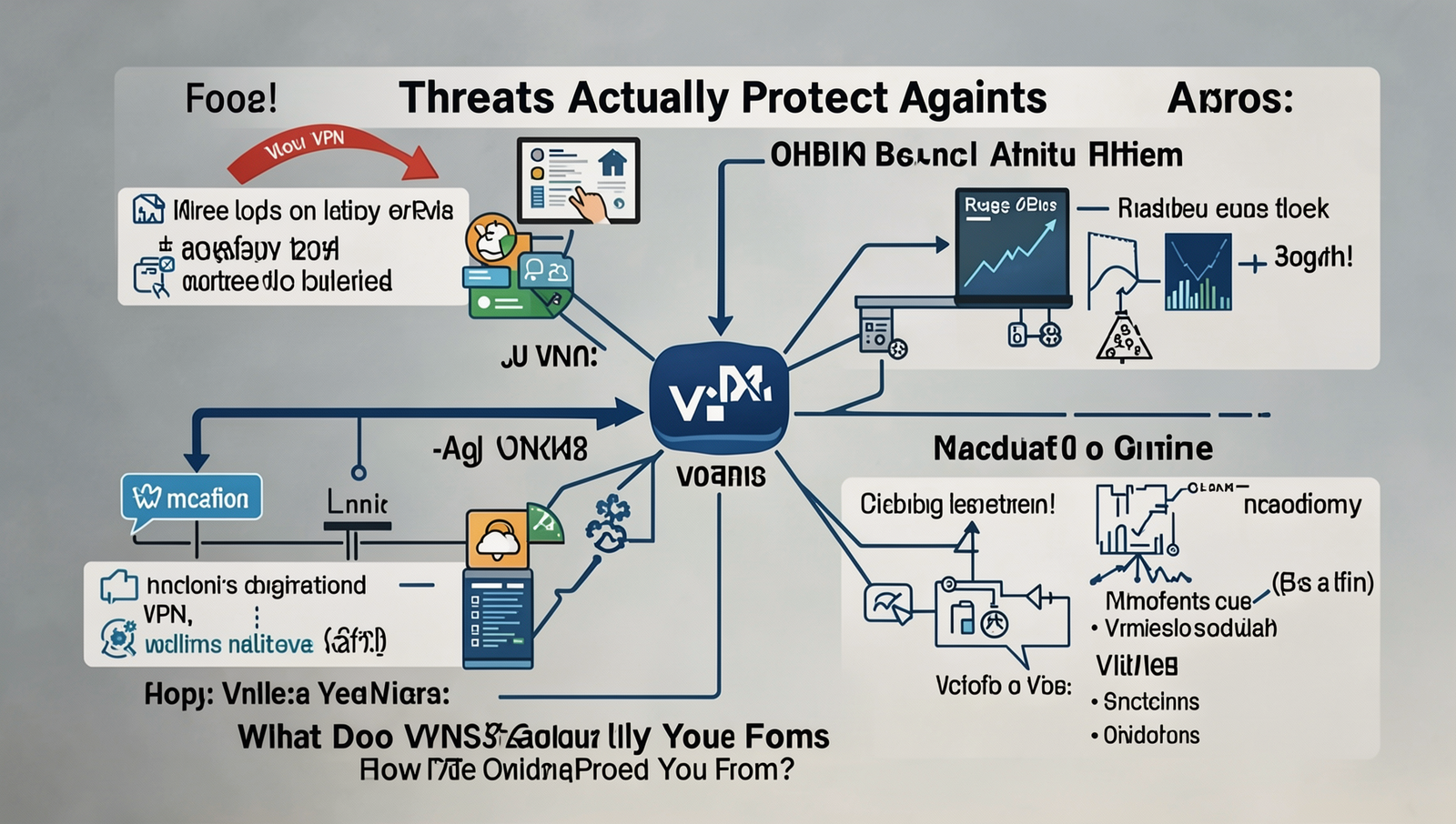 Infographic illustrating online threats and VPN protection methods.