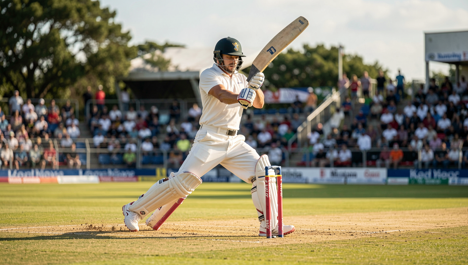 Photorealistic image of a cricket game in action on a sunny day.