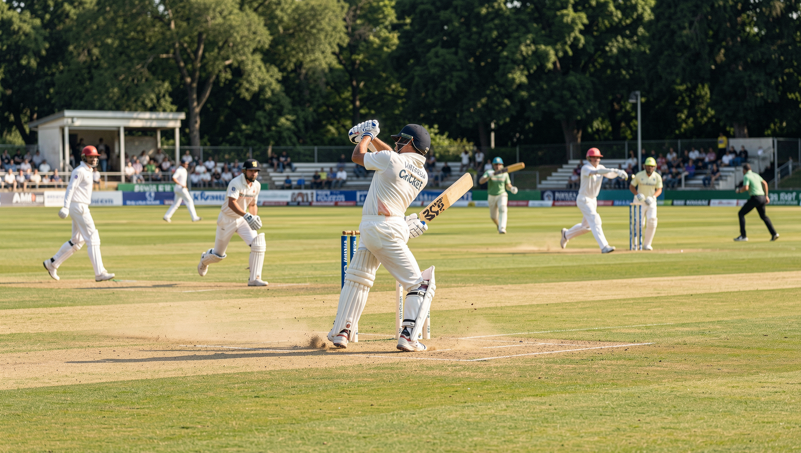 Cricket players in action on a vibrant cricket field under natural lighting.