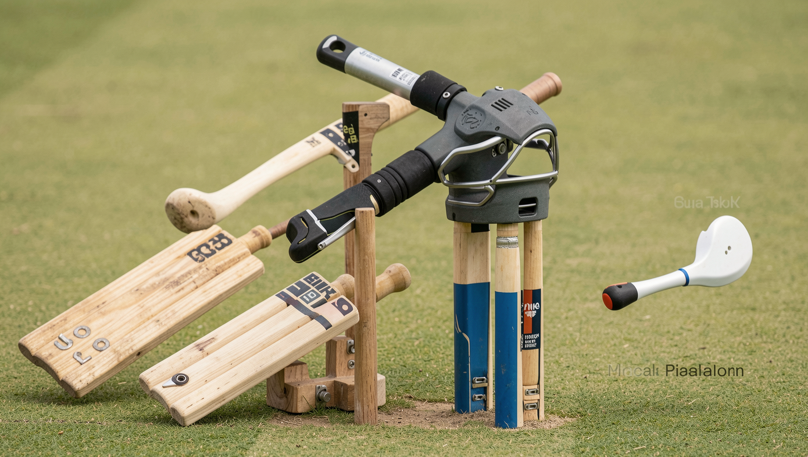 Detailed cricket equipment including bat, ball, and protective gear in natural lighting.