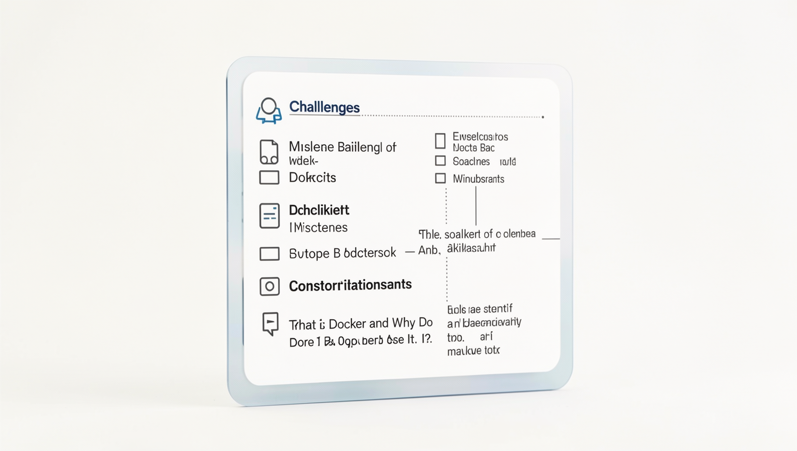 Detailed checklist of Docker challenges and considerations in a professional layout.