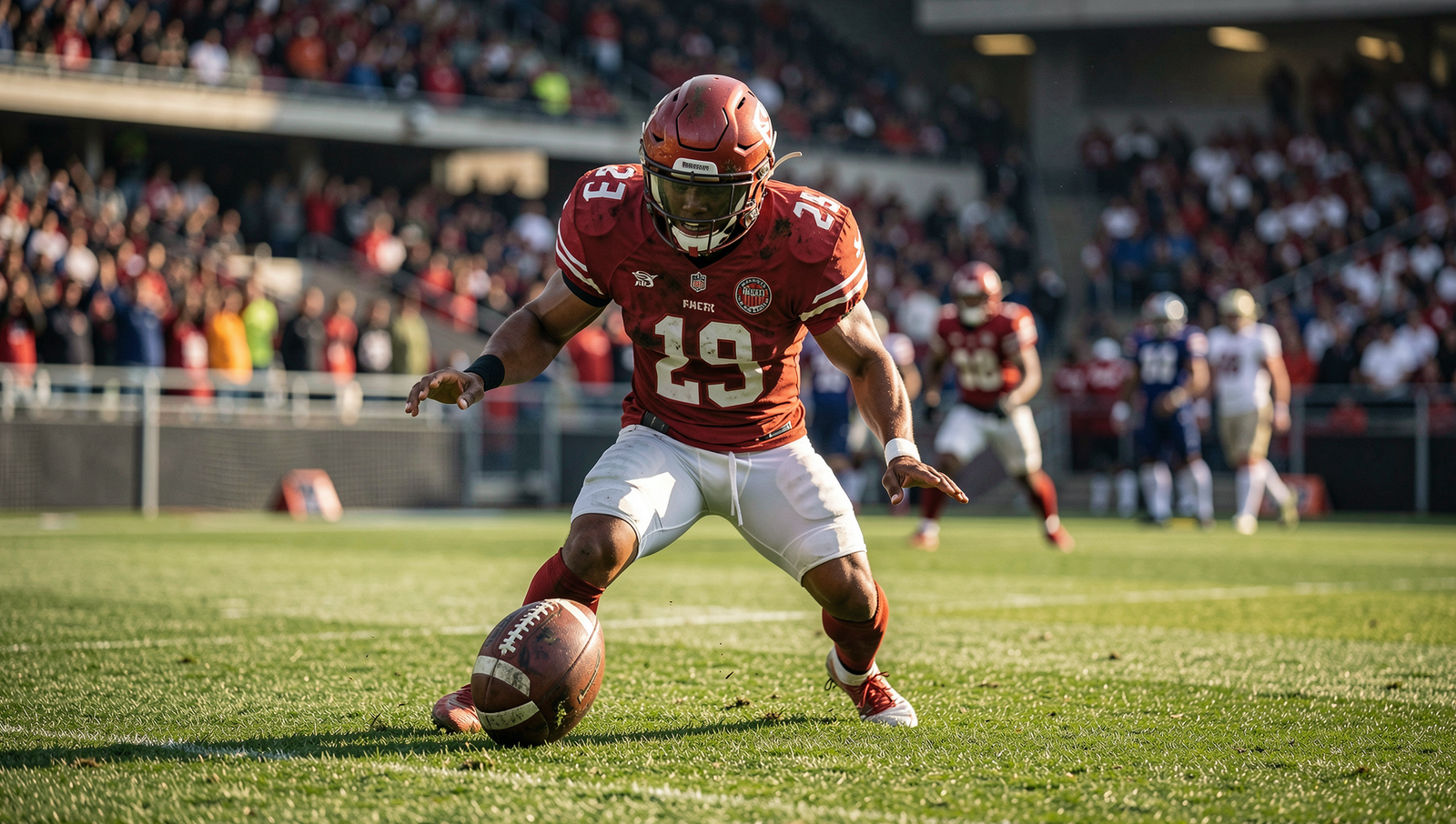 A dynamic football game scene showcasing players in action on the field.