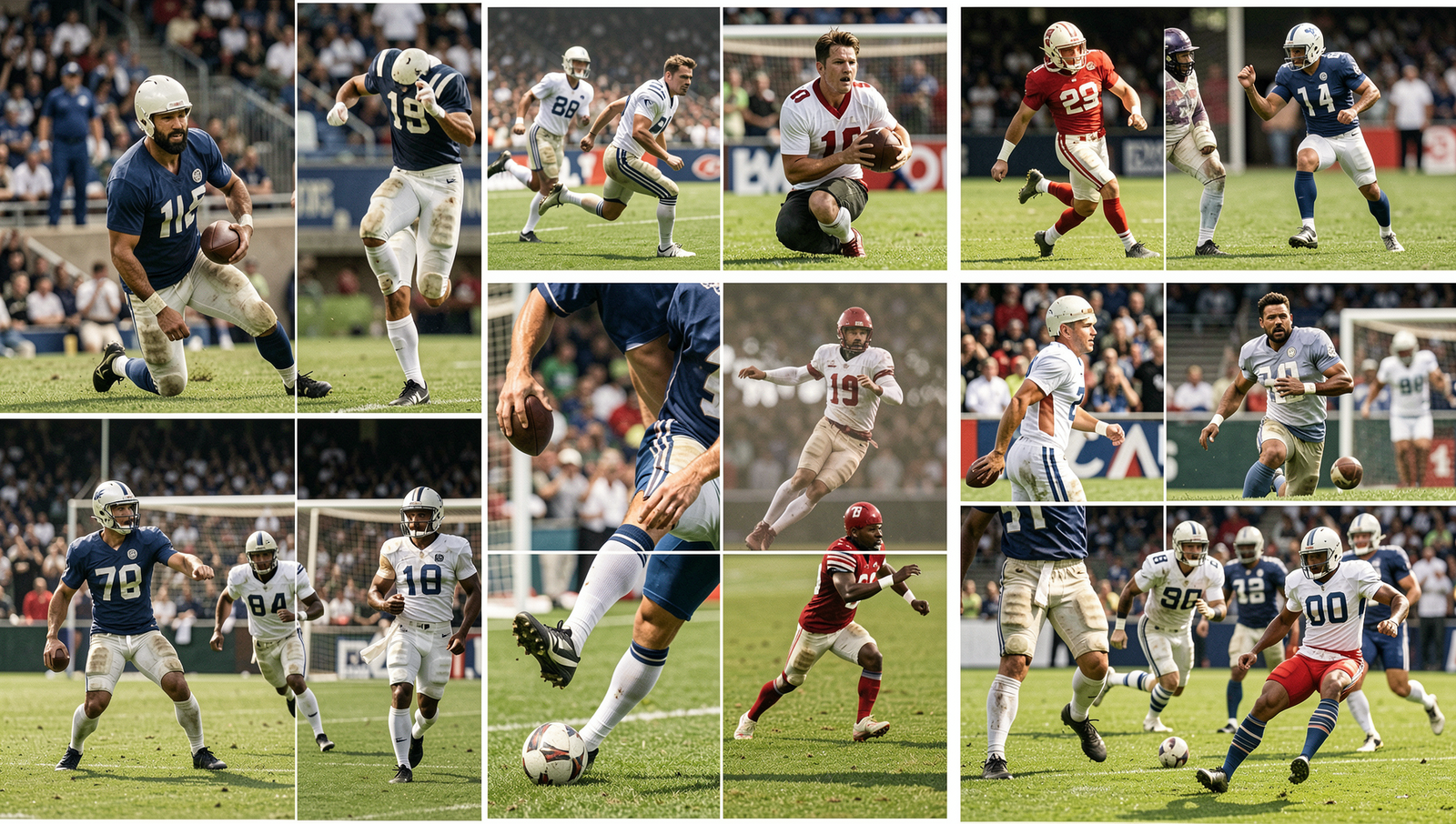 Collage of various football types and historical moments in the sport.
