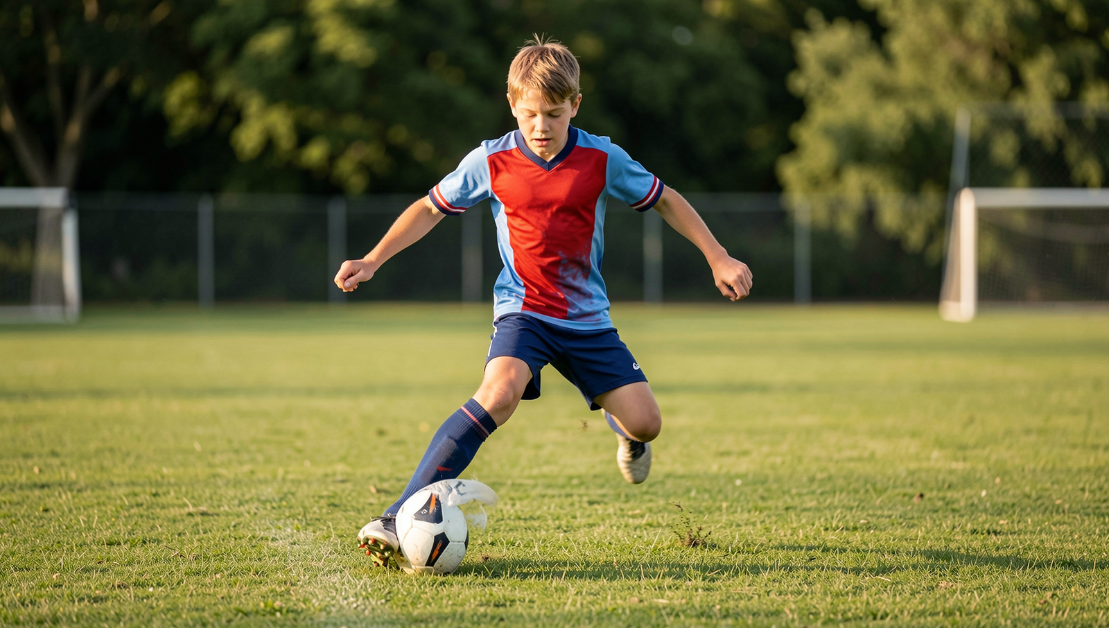 A beginner practicing football skills on a field under natural lighting.