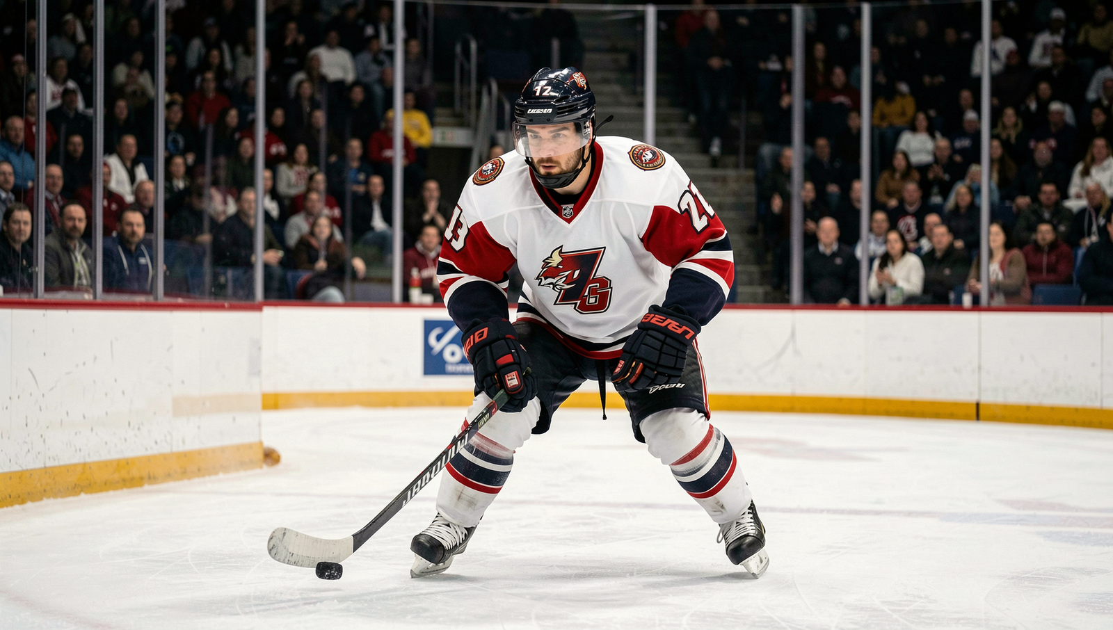 Action-packed hockey game with players in motion on ice rink under natural lighting.