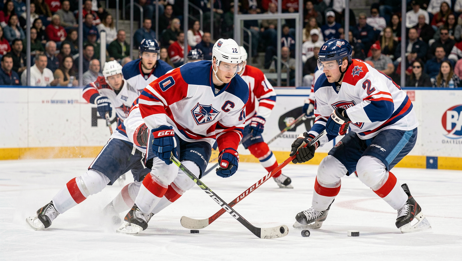Dynamic action shot of a hockey game with players in motion and puck on ice.