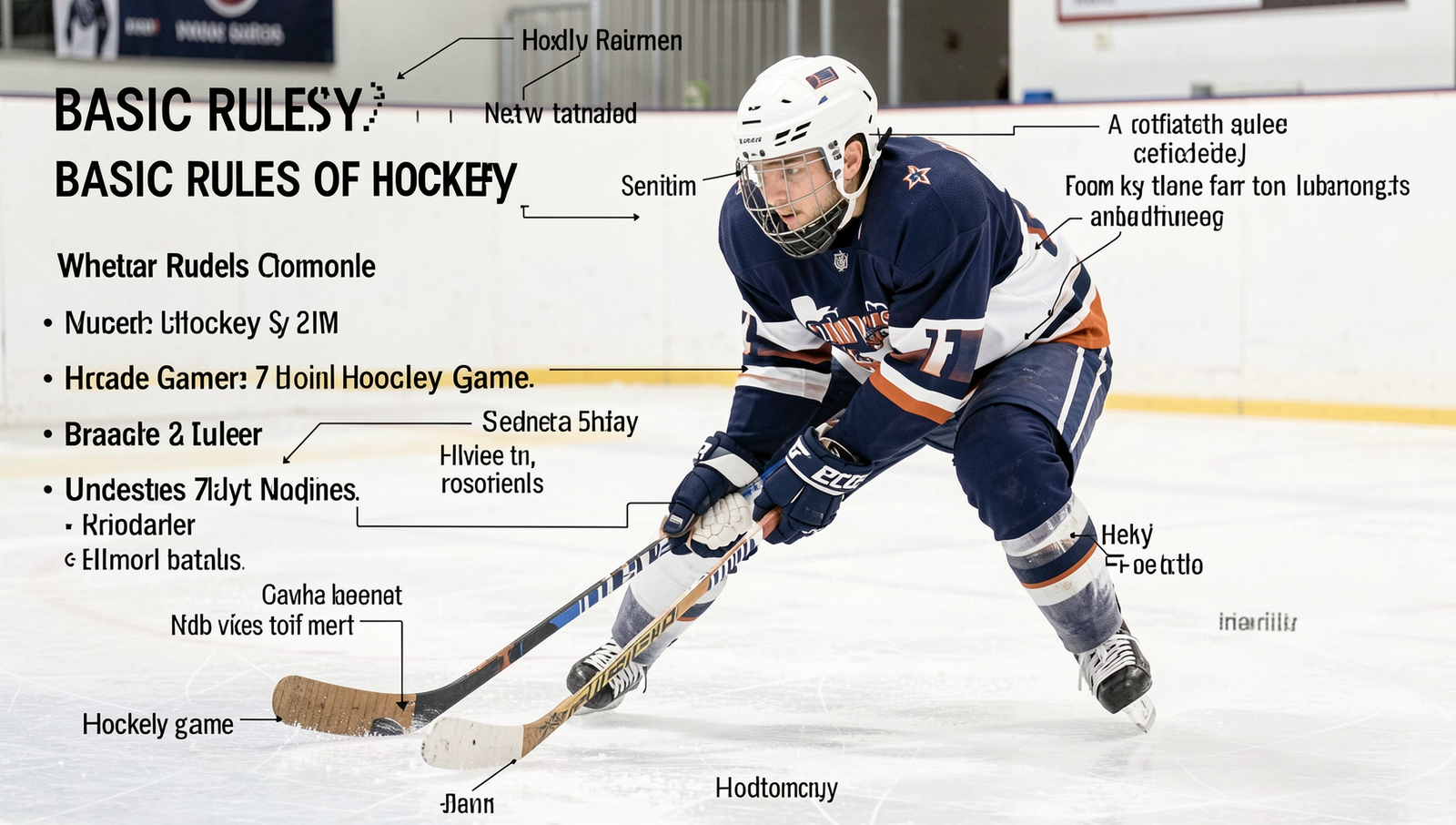 Infographic illustrating the basic rules of hockey with detailed graphics.