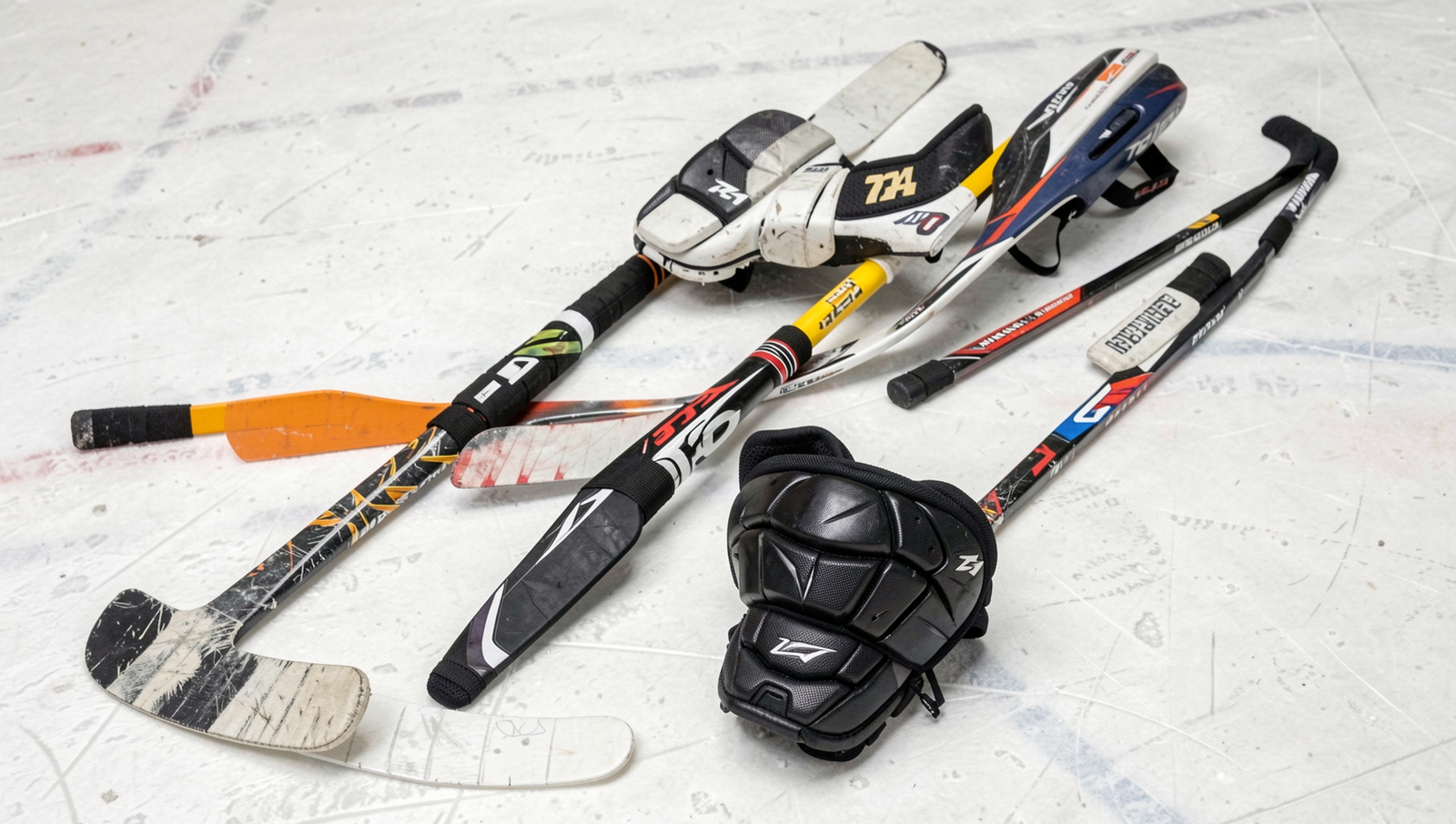 A collection of hockey sticks and pads displayed in natural lighting.