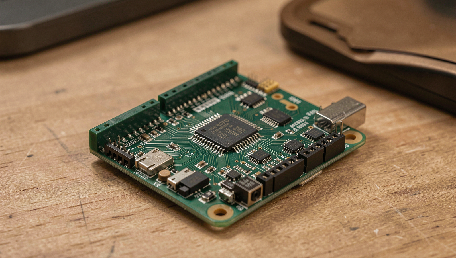 Close-up of a Raspberry Pi board in a tech workspace with natural lighting.