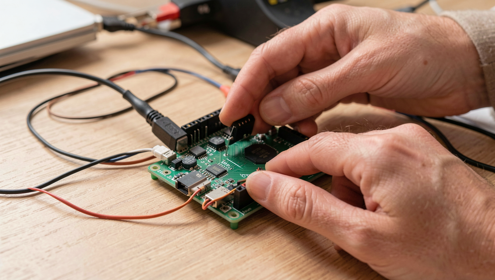 Beginner setting up a Raspberry Pi with accessories in a well-lit environment.