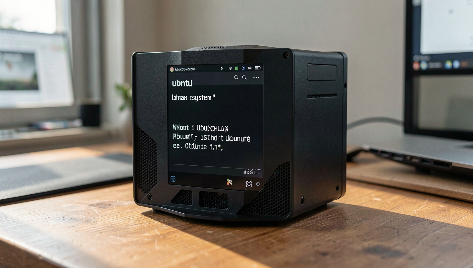 Photorealistic image of a computer screen displaying Ubuntu Linux interface in a modern workspace.