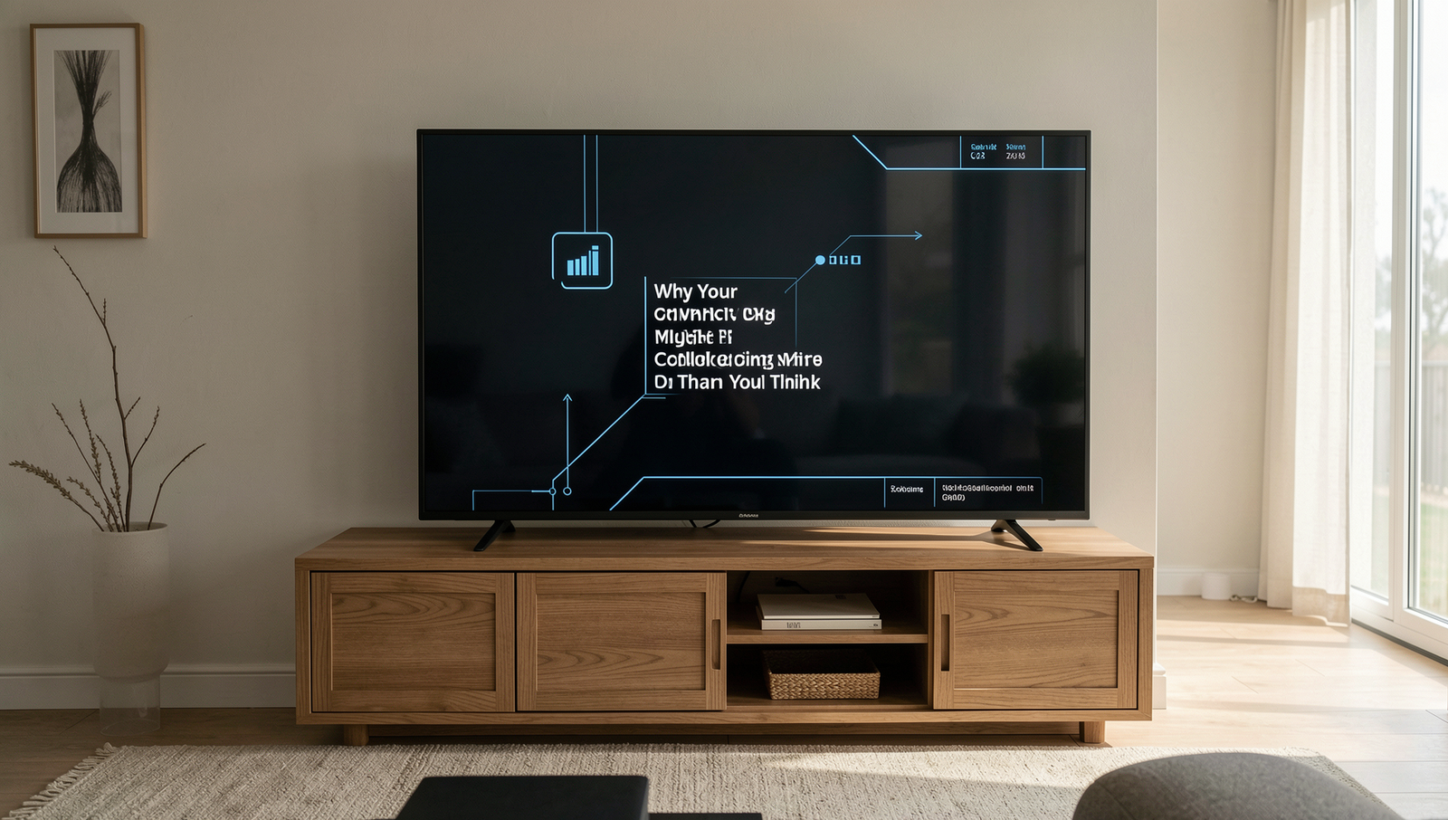 A modern living room with a smart TV displaying data privacy concerns.