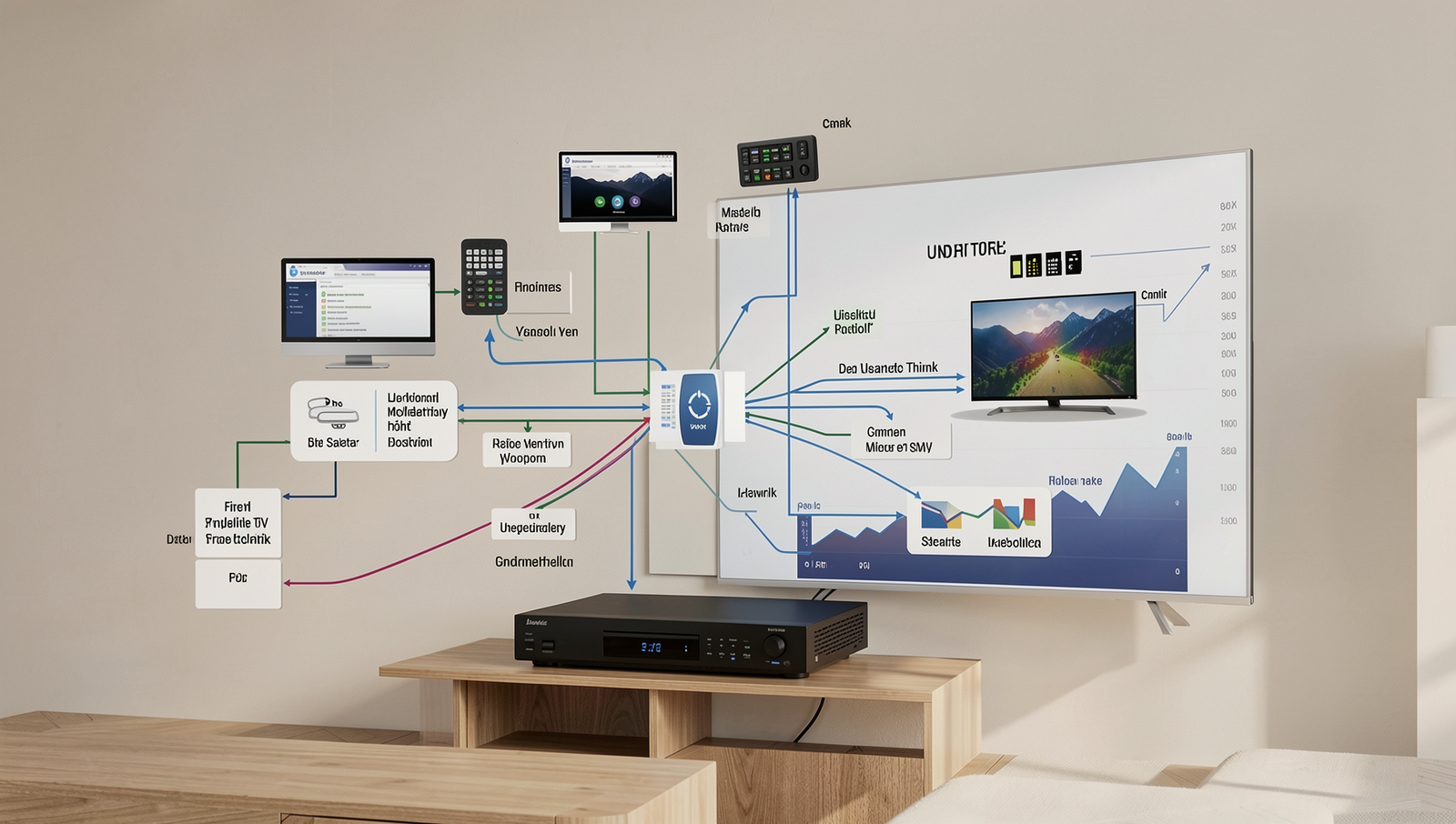 Diagram illustrating data flow from a smart TV to various data sources.