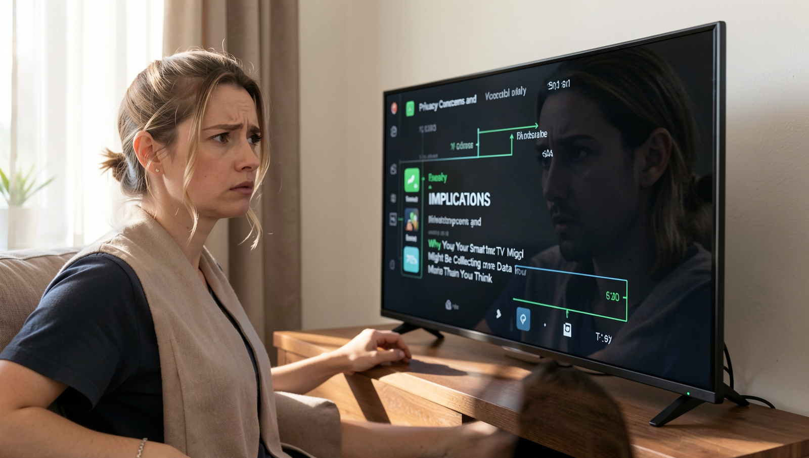 Person looking concerned while using a smart TV, highlighting privacy issues.