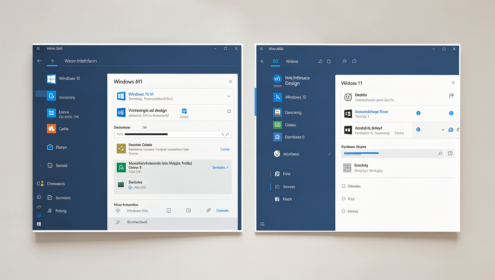Comparison of Windows 10 and Windows 11 user interfaces in a detailed diagram.