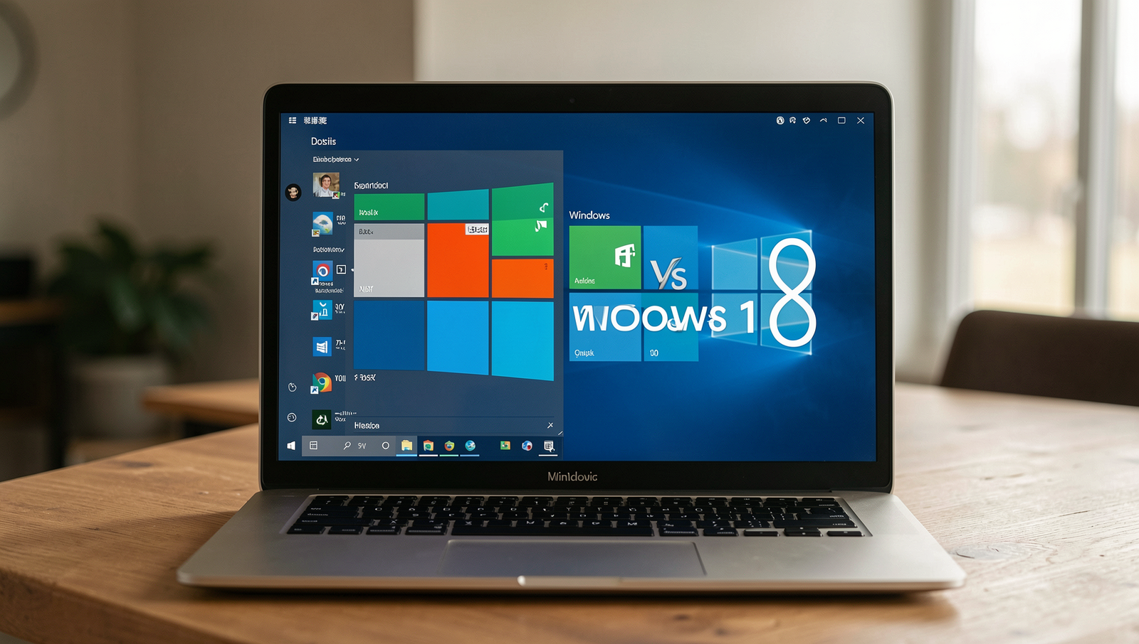 Side-by-side comparison of Windows 8 and Windows 10 interfaces in a realistic setting.