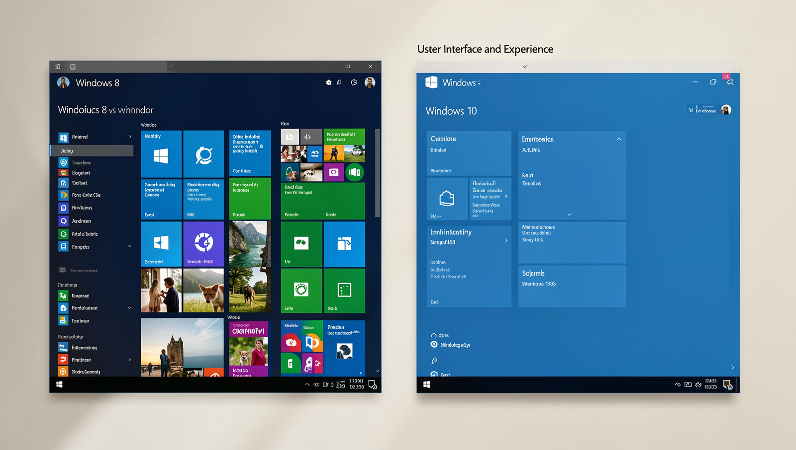 Comparison of Windows 8 and Windows 10 user interfaces showcasing design differences.