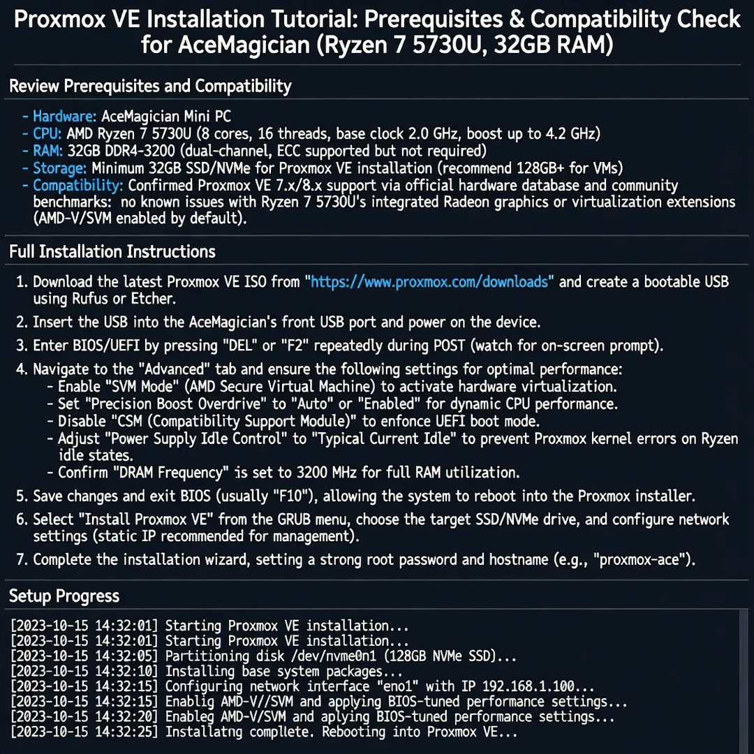 Step 1: Technical tutorial screenshot: Review prerequisites and compatibility for install proxmox on acemagi