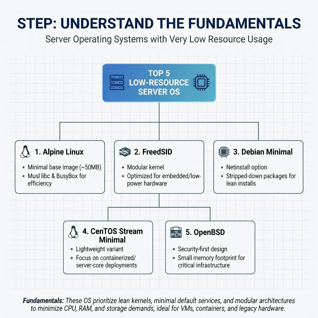 Step 1: Illustration for step: Understand the fundamentals related to which server os have very low resource