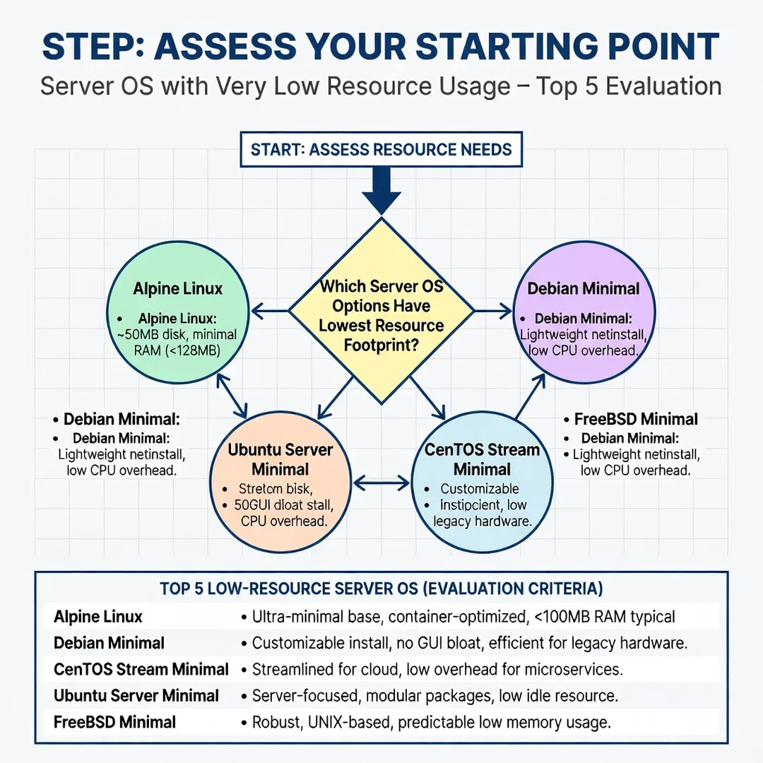 Step 2: Illustration for step: Assess your starting point related to which server os have very low resources
