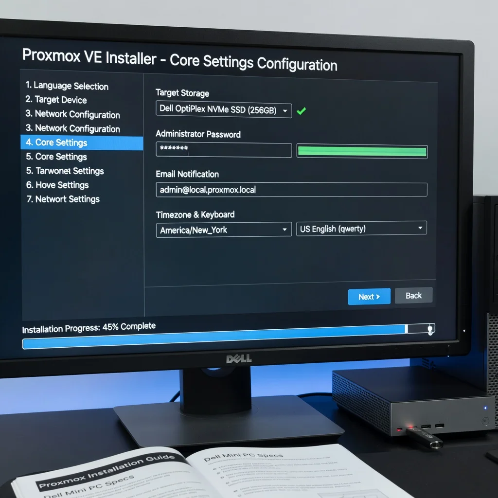 Step 3: Technical tutorial screenshot: Configure core settings for install proxmox on dell mini pc tel me in