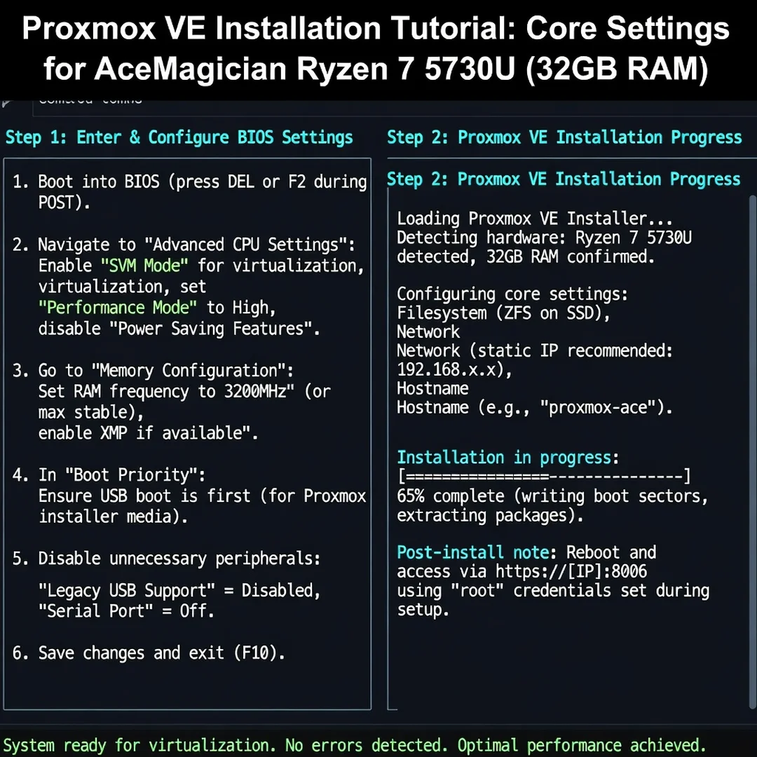 Step 3: Technical tutorial screenshot: Configure core settings for install proxmox on acemagician with ryzen