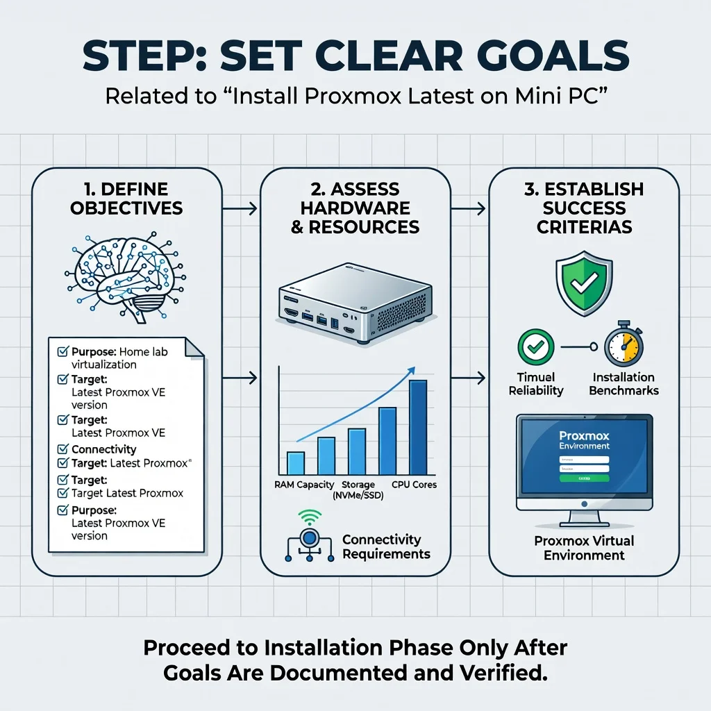 Step 3: Illustration for step: Set clear goals related to install proxmox lates on mini pc detailed step by 