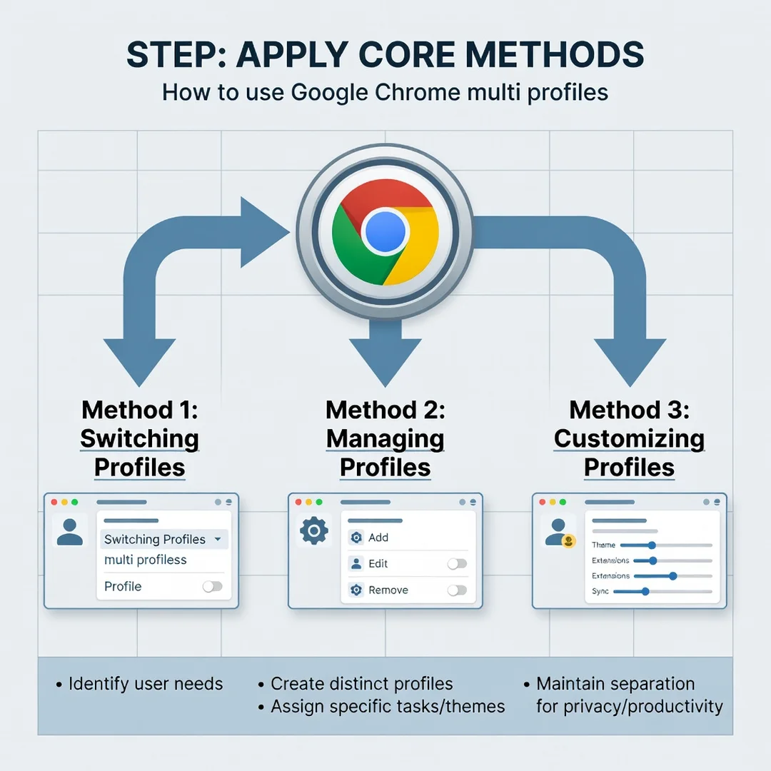 Step 5: Illustration for step: Apply the core methods related to How to use google chrome multi profiles, pr