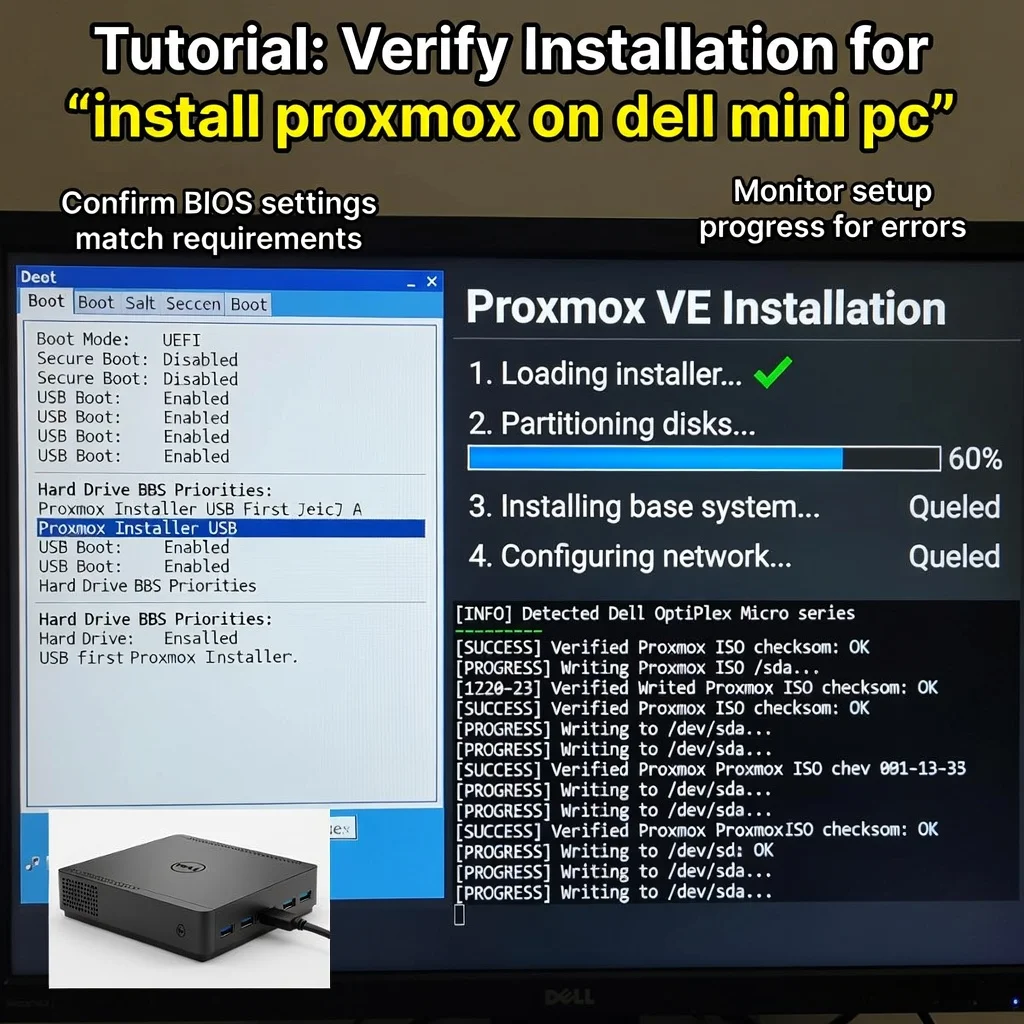 Step 5: Technical tutorial screenshot: Verify the installation for install proxmox on dell mini pc tel me in
