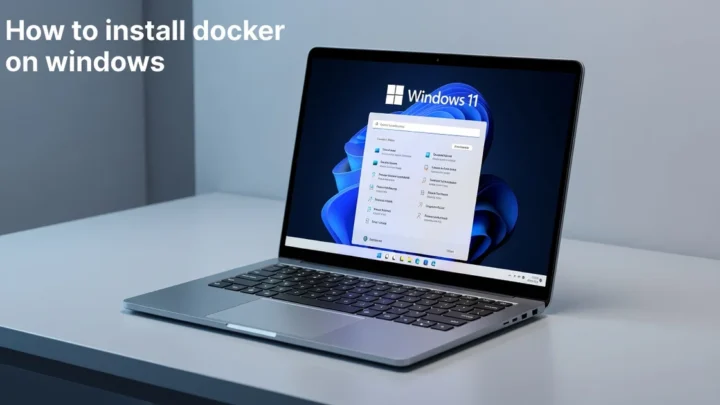 Featured image: Professional featured image for: How to install docker on windows. Modern laptop showing Windows 11