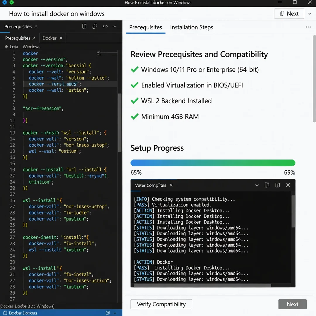 Step 1: Technical tutorial screenshot: Review prerequisites and compatibility for How to install docker on w